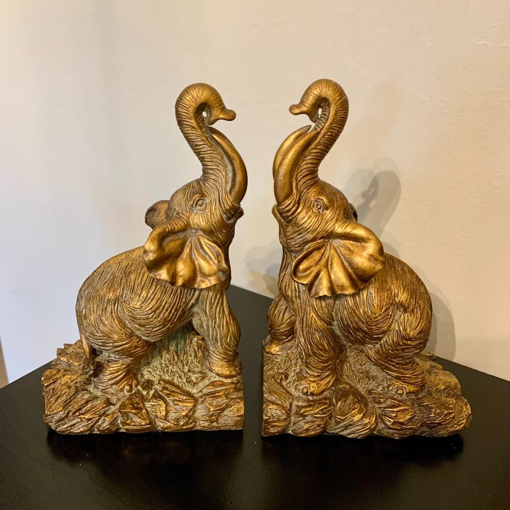 Elephant Book Ends Golden Ornate Carved Resin Vintage Hollywood Regency Set of 2